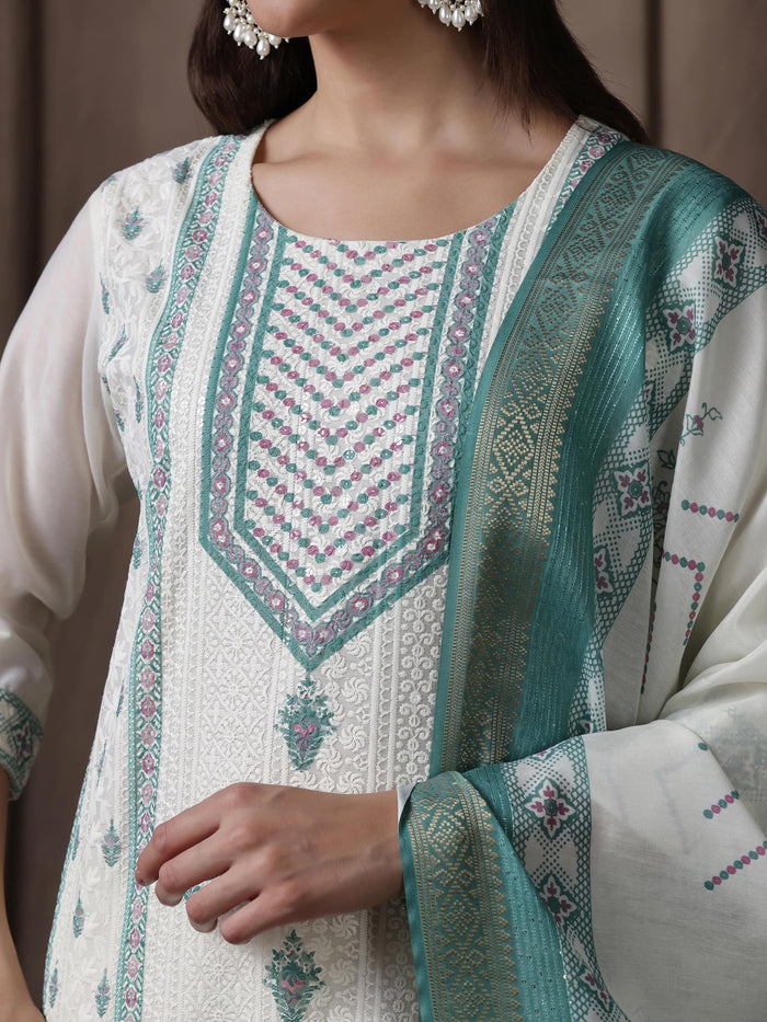 Women Chanderi Off-white Green Embroidered Kurta Comfort Pant Dupatta.