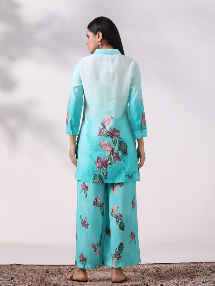 Women Chanderi Green Floral Print Co-Ord Set
