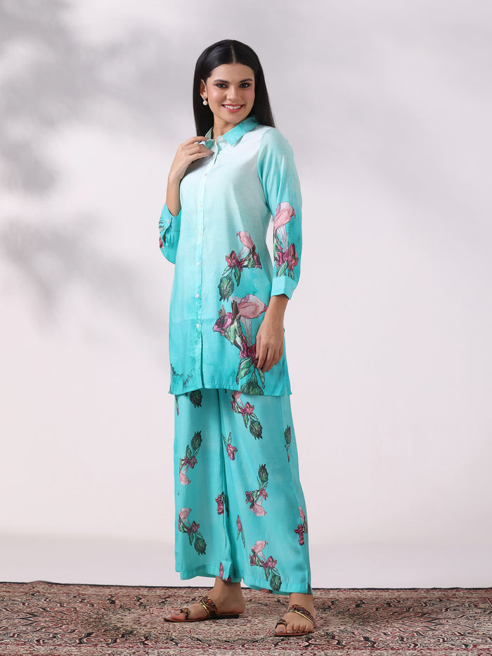 Women Chanderi Green Floral Print Co-Ord Set