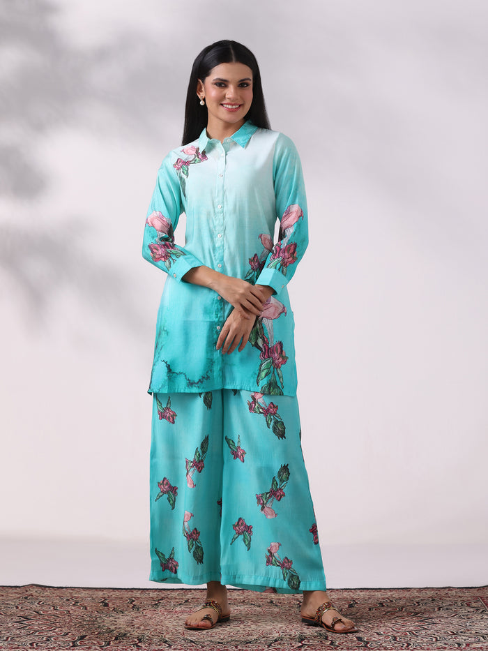 Women Chanderi Green Floral Print Co-Ord Set