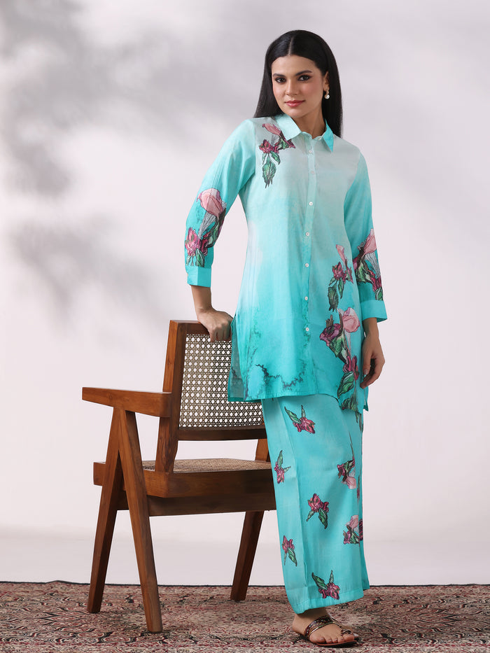Women Chanderi Green Floral Print Co-Ord Set