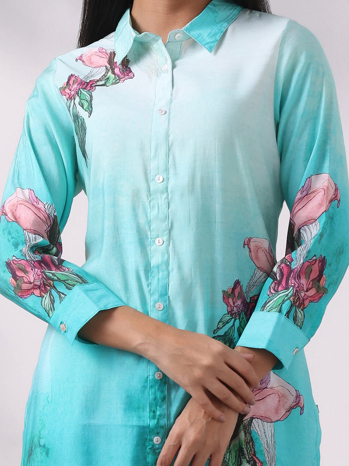 Women Chanderi Green Floral Print Co-Ord Set