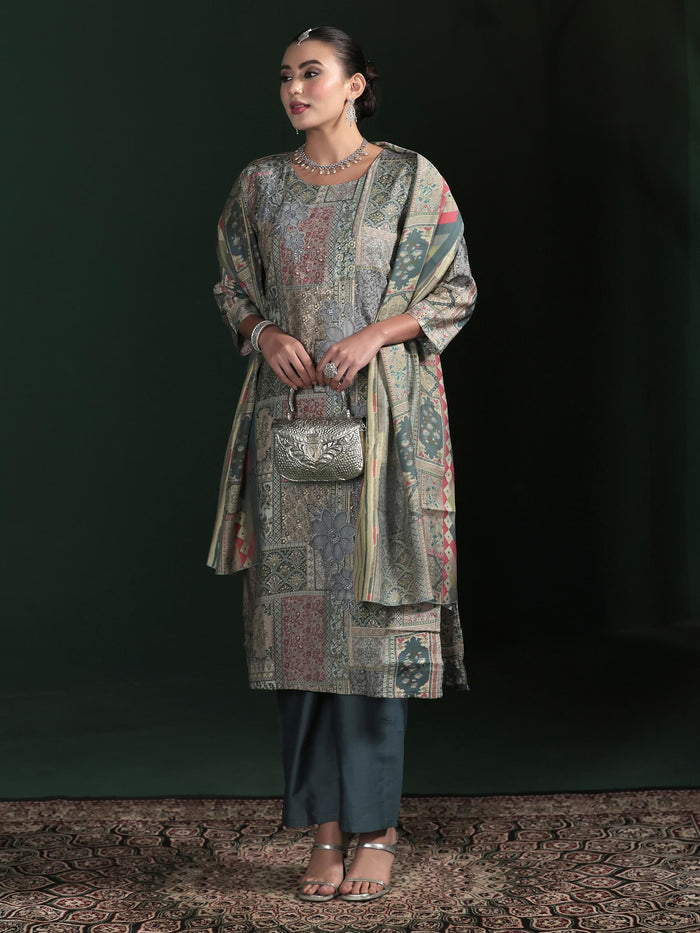 Women Chanderi Grey Embroidered Kurta Comfort Pant Dupatta.