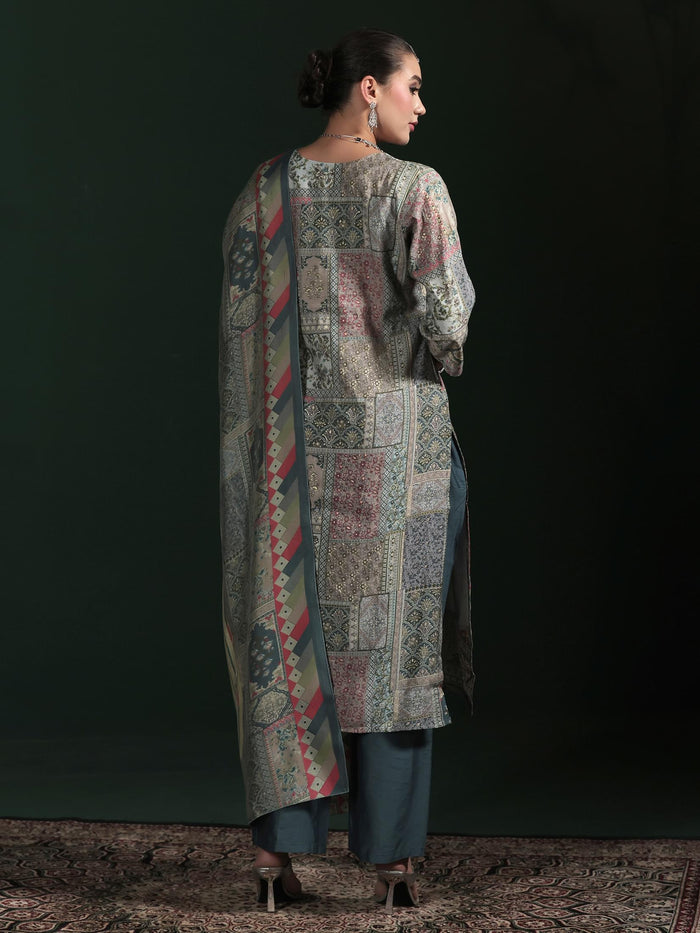 Women Chanderi Grey Embroidered Kurta Comfort Pant Dupatta.