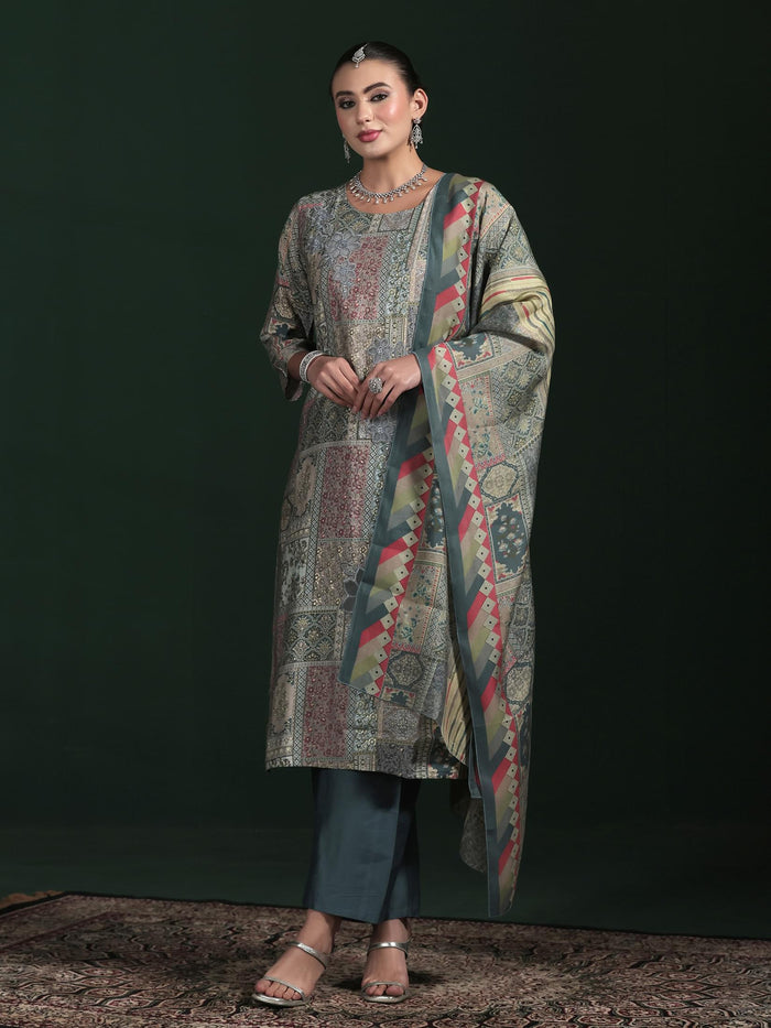Women Chanderi Grey Embroidered Kurta Comfort Pant Dupatta.