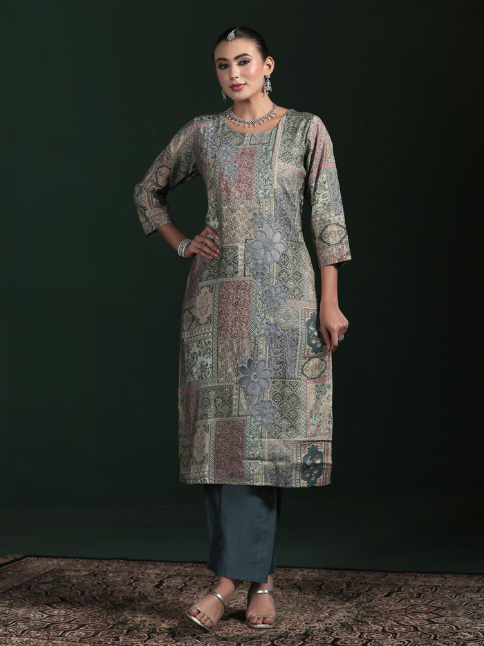 Women Chanderi Grey Embroidered Kurta Comfort Pant Dupatta.
