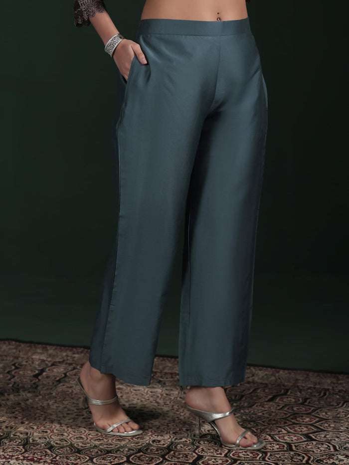Women Chanderi Grey Embroidered Kurta Comfort Pant Dupatta.