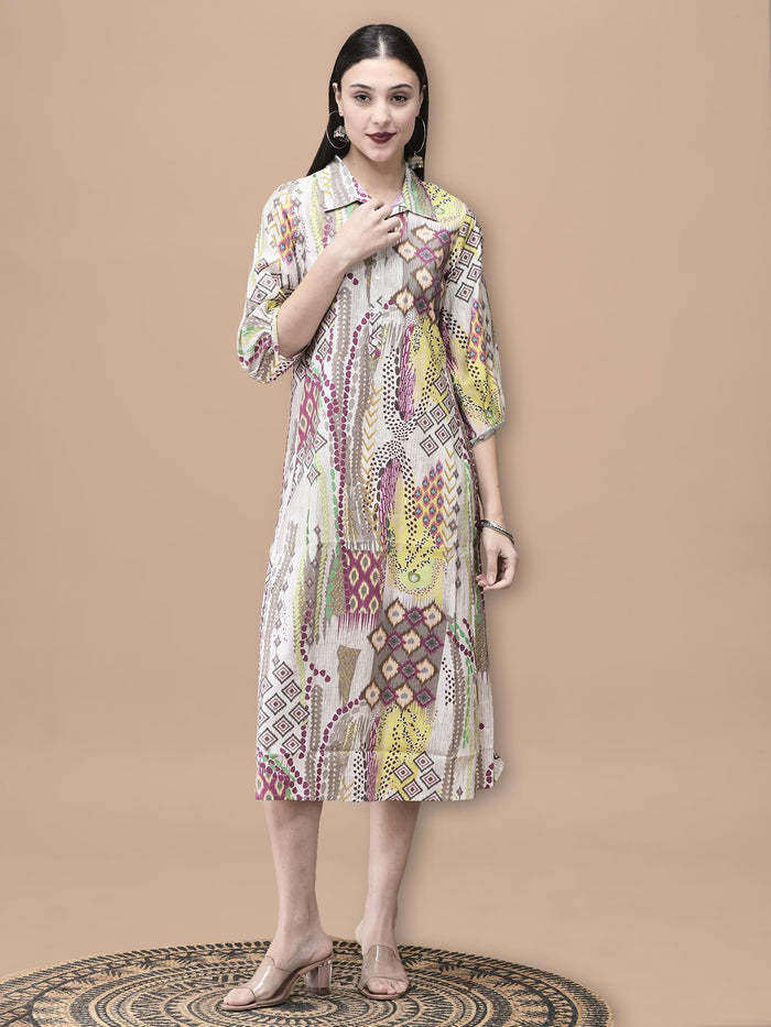 Women Chanderi Grey Ikat Print Dress.