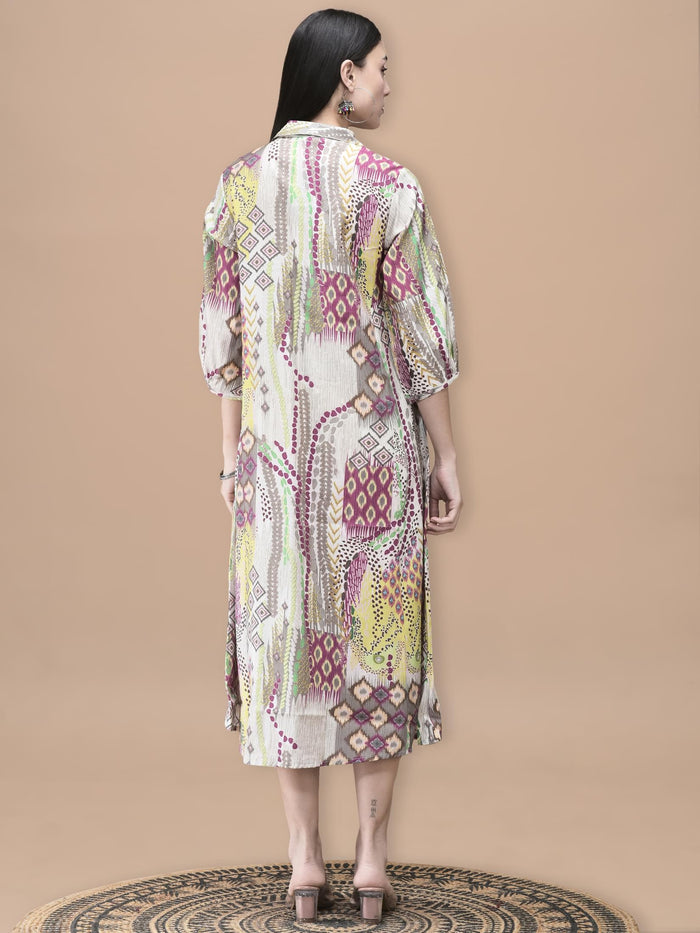 Women Chanderi Grey Ikat Print Dress.