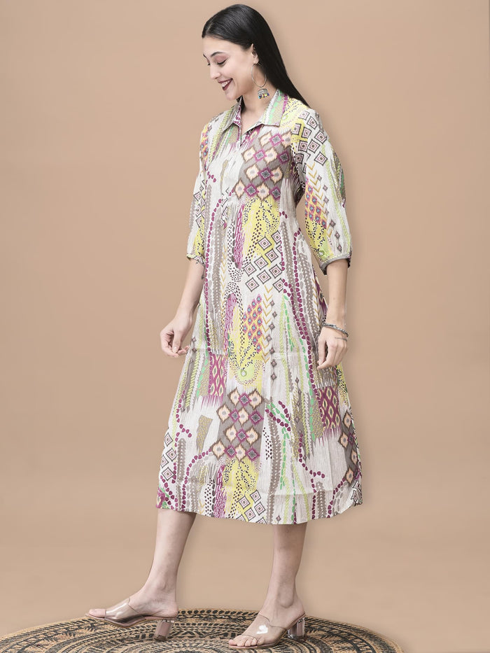 Women Chanderi Grey Ikat Print Dress.