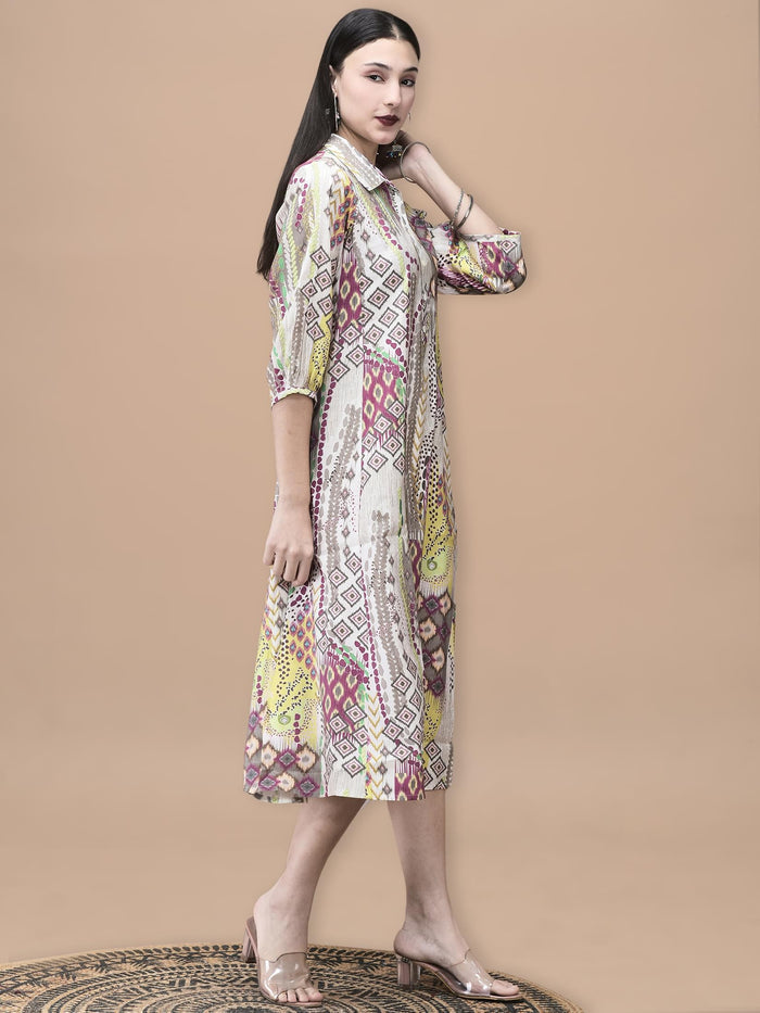 Women Chanderi Grey Ikat Print Dress.