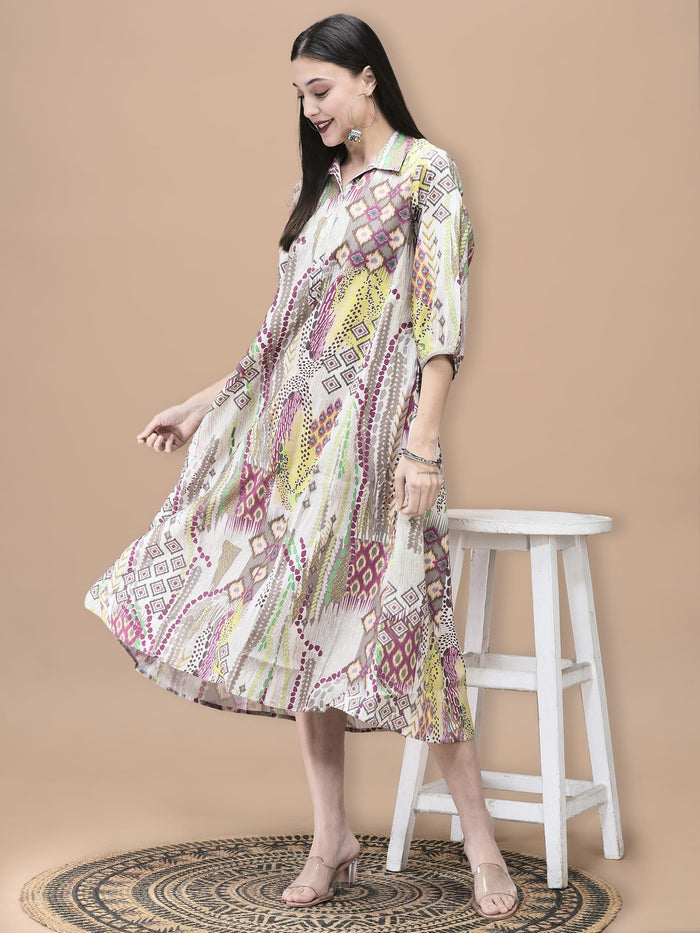 Women Chanderi Grey Ikat Print Dress.