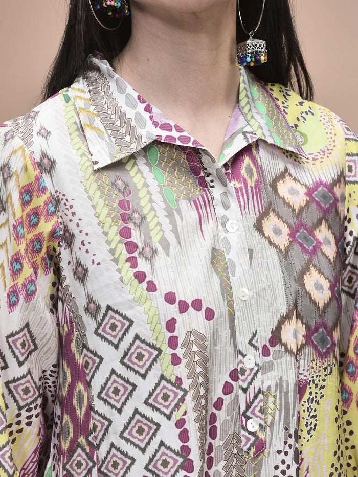 Women Chanderi Grey Ikat Print Dress.