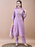Women Chanderi Lilac Embroidered Kurta Comfort Pant Dupatta.