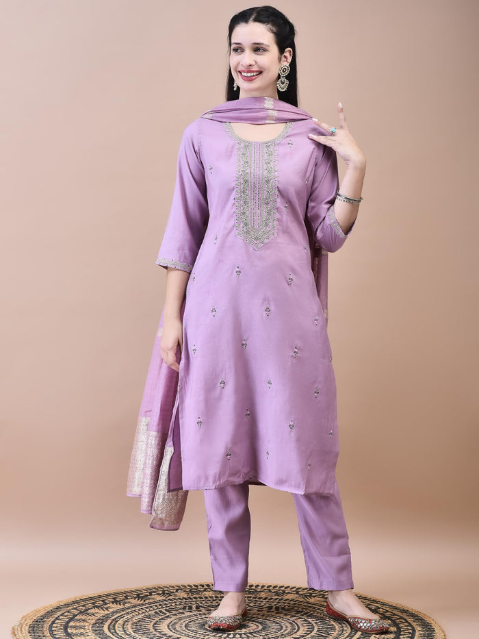 Women Chanderi Lilac Embroidered Kurta Comfort Pant Dupatta.
