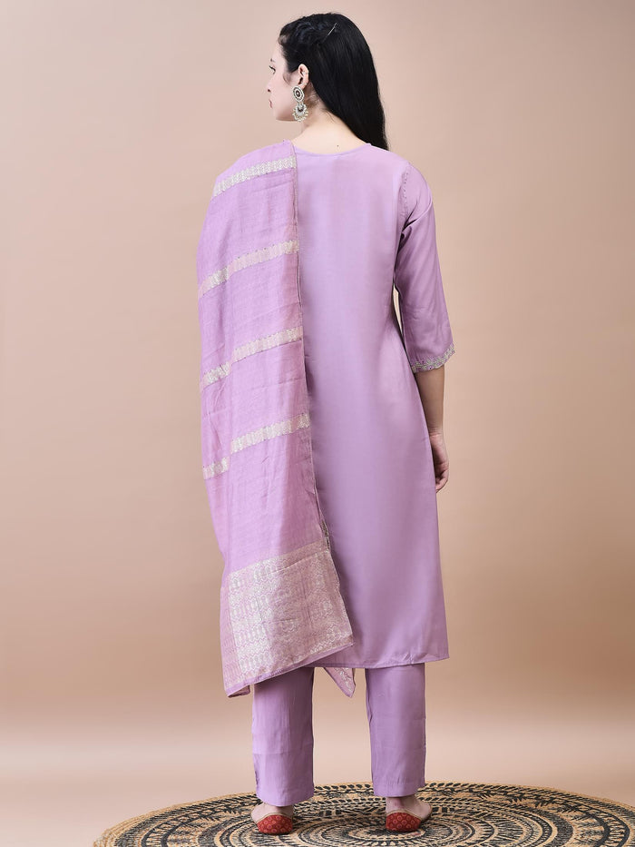 Women Chanderi Lilac Embroidered Kurta Comfort Pant Dupatta.
