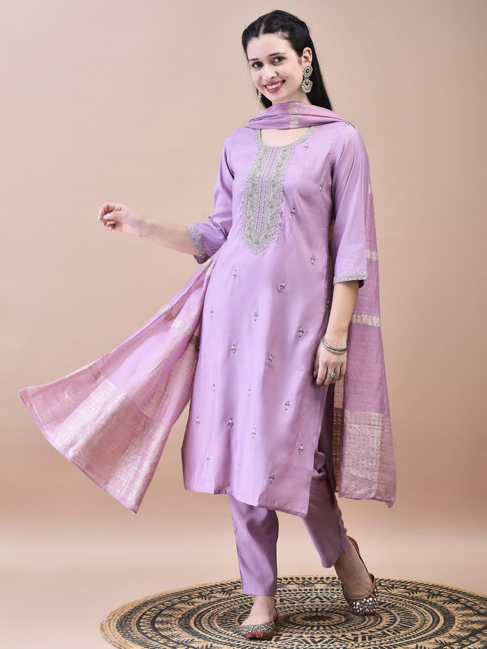 Women Chanderi Lilac Embroidered Kurta Comfort Pant Dupatta.