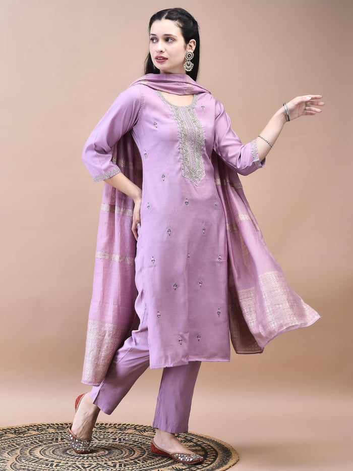 Women Chanderi Lilac Embroidered Kurta Comfort Pant Dupatta.