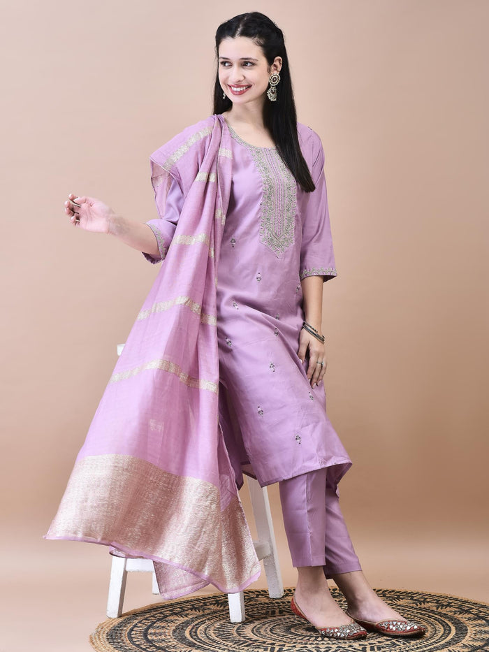 Women Chanderi Lilac Embroidered Kurta Comfort Pant Dupatta.