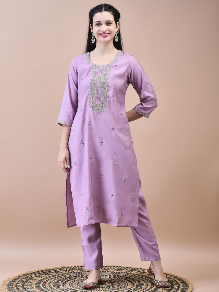 Women Chanderi Lilac Embroidered Kurta Comfort Pant Dupatta.