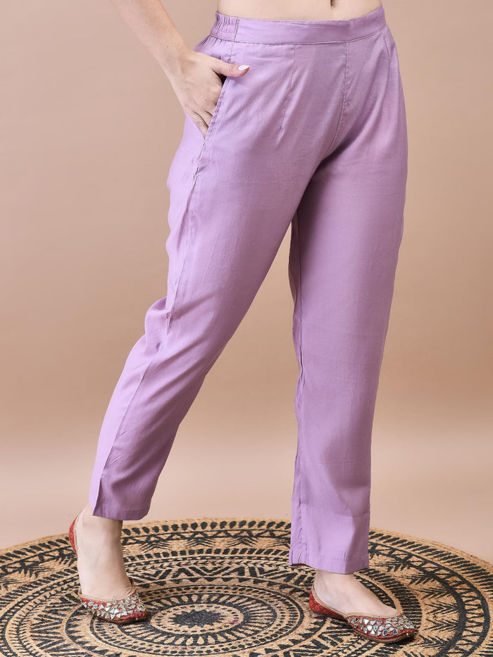 Women Chanderi Lilac Embroidered Kurta Comfort Pant Dupatta.