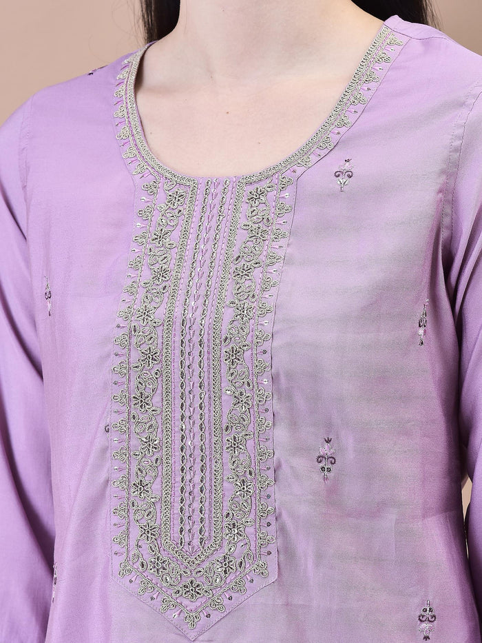 Women Chanderi Lilac Embroidered Kurta Comfort Pant Dupatta.
