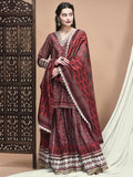 Women Chanderi Maroon Ajrakh Print Kurta Skirt Dupatta.