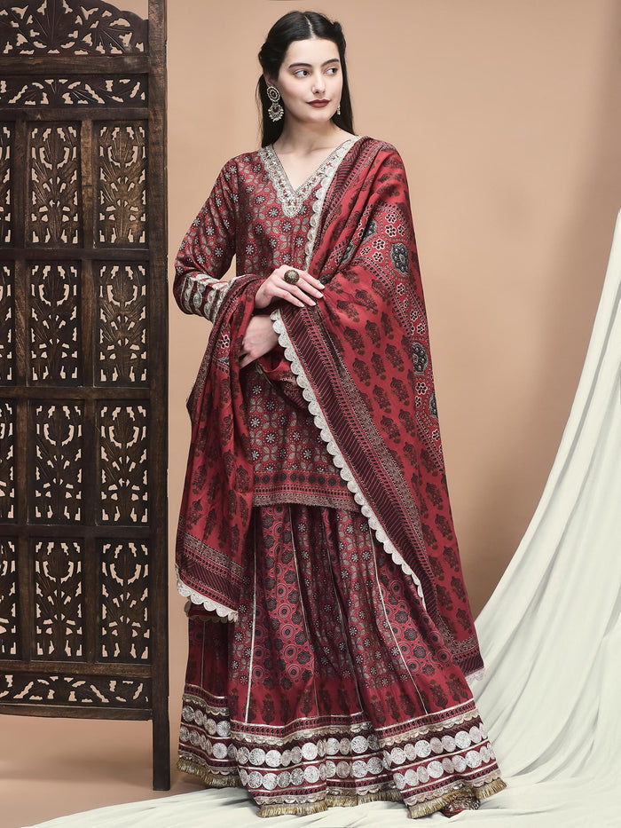 Women Chanderi Maroon Ajrakh Print Kurta Skirt Dupatta.