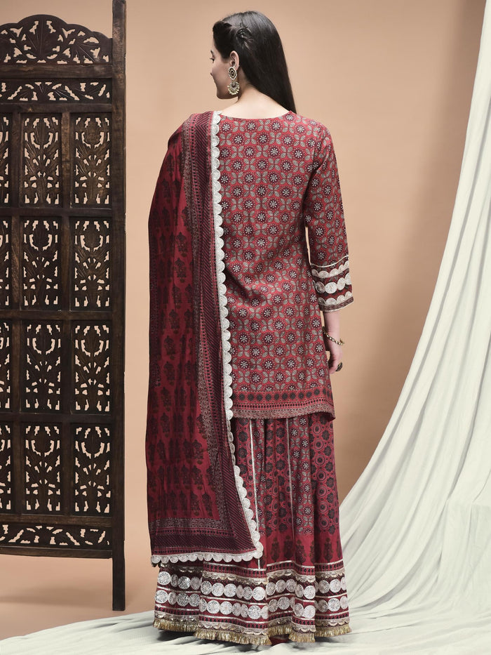 Women Chanderi Maroon Ajrakh Print Kurta Skirt Dupatta.