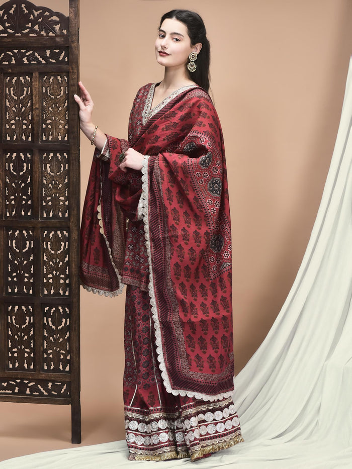 Women Chanderi Maroon Ajrakh Print Kurta Skirt Dupatta.