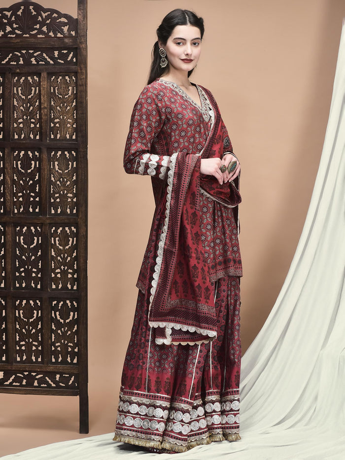 Women Chanderi Maroon Ajrakh Print Kurta Skirt Dupatta.