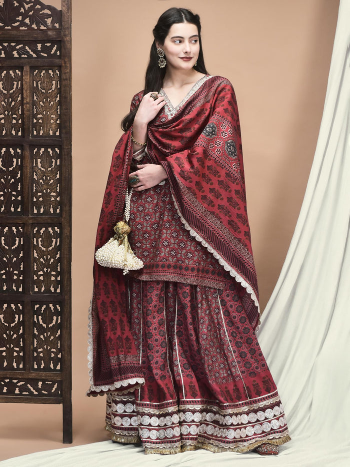 Women Chanderi Maroon Ajrakh Print Kurta Skirt Dupatta.