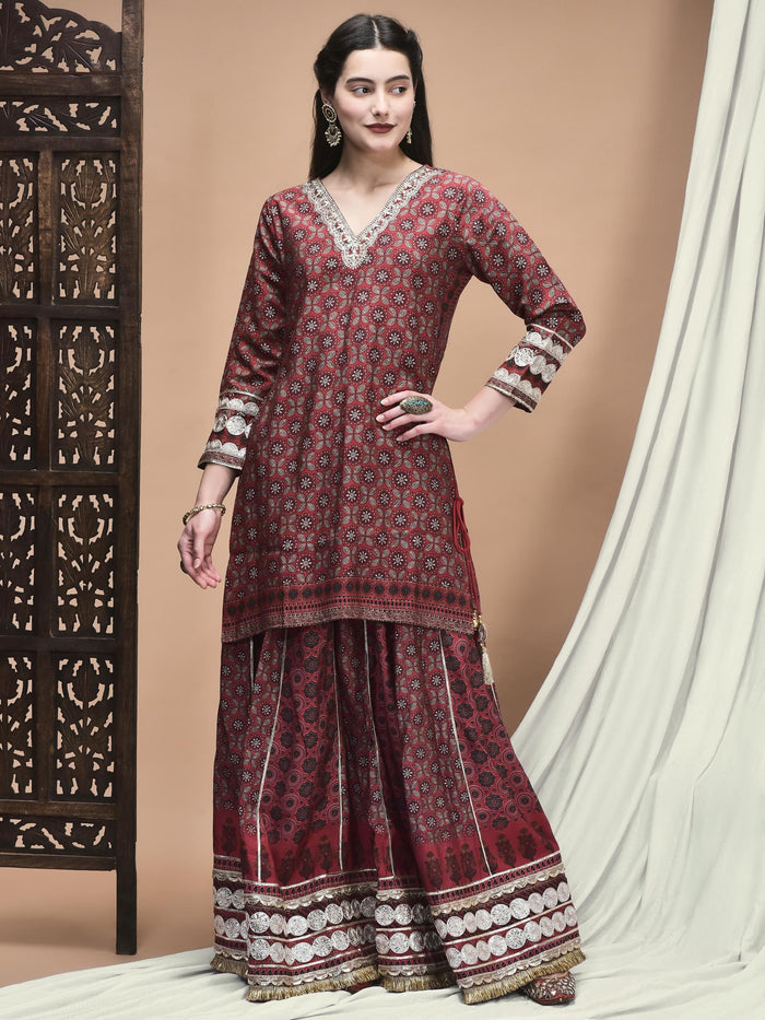 Women Chanderi Maroon Ajrakh Print Kurta Skirt Dupatta.