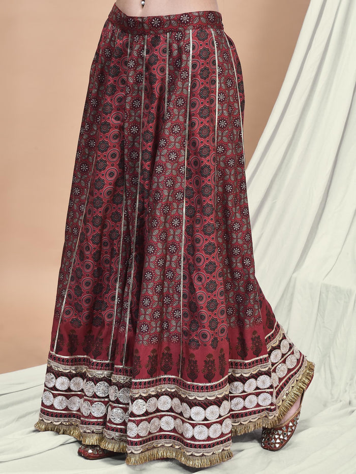 Women Chanderi Maroon Ajrakh Print Kurta Skirt Dupatta.