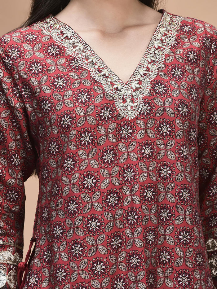 Women Chanderi Maroon Ajrakh Print Kurta Skirt Dupatta.