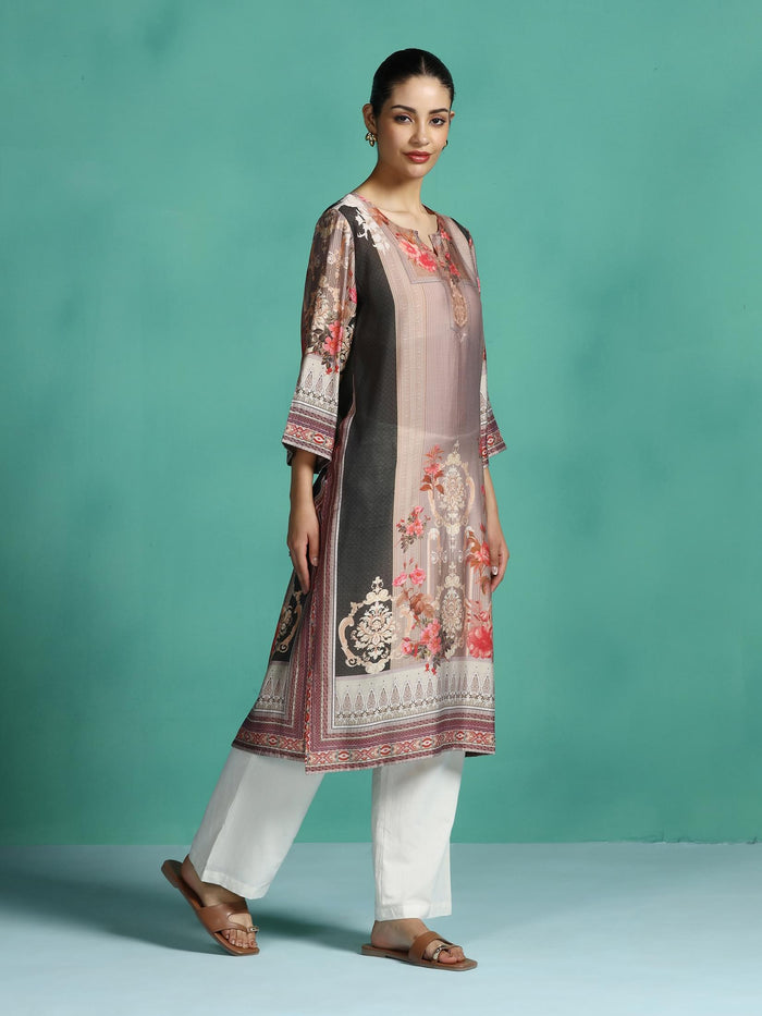Women Chanderi Multi Color Printed Kurta.