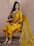 Women Chanderi Mustard Embroidered Kurta Comfort Pant Dupatta.