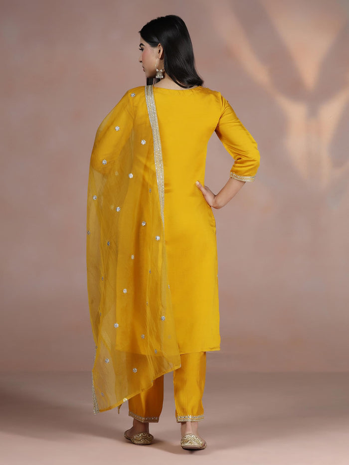 Women Chanderi Mustard Embroidered Kurta Comfort Pant Dupatta.