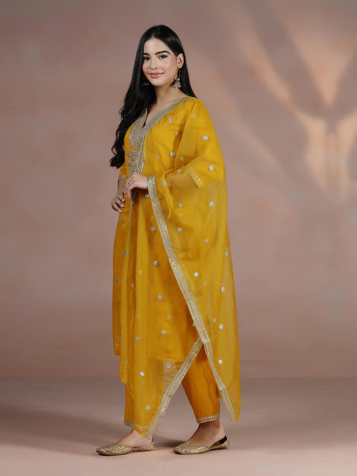 Women Chanderi Mustard Embroidered Kurta Comfort Pant Dupatta.