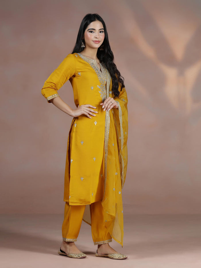 Women Chanderi Mustard Embroidered Kurta Comfort Pant Dupatta.