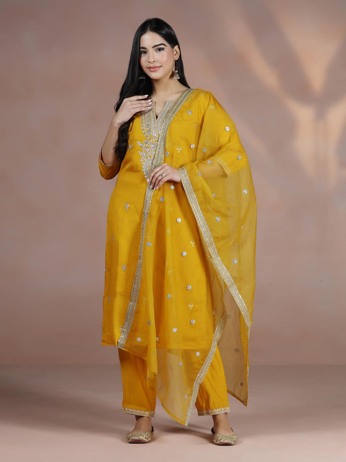 Women Chanderi Mustard Embroidered Kurta Comfort Pant Dupatta.