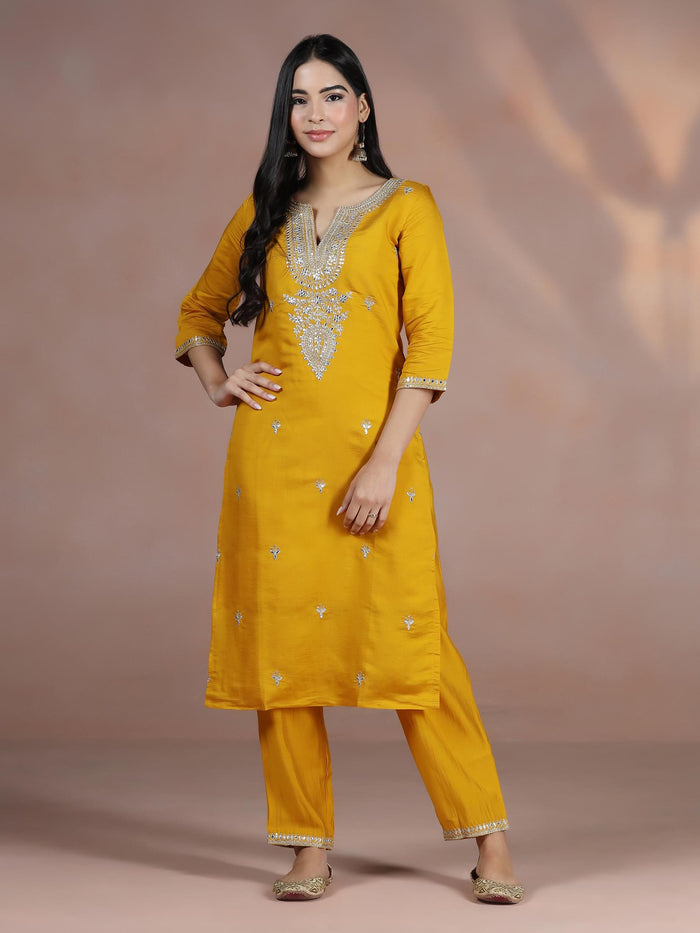 Women Chanderi Mustard Embroidered Kurta Comfort Pant Dupatta.