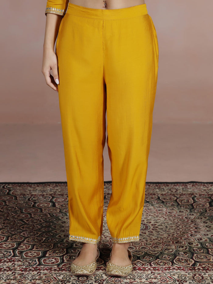 Women Chanderi Mustard Embroidered Kurta Comfort Pant Dupatta.