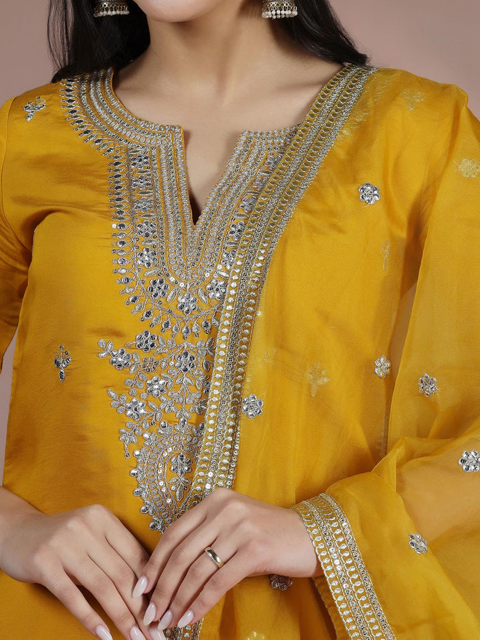 Women Chanderi Mustard Embroidered Kurta Comfort Pant Dupatta.