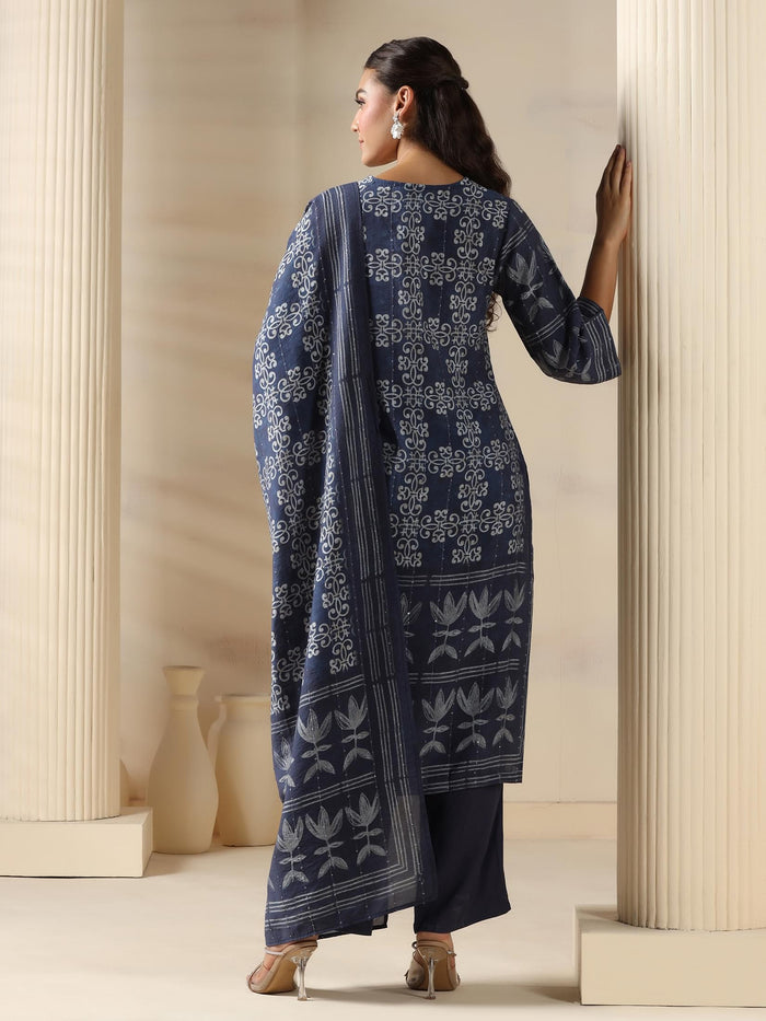 Women Chanderi Navy Blue Geometric Print Kurta Comfort Pant Dupatta.