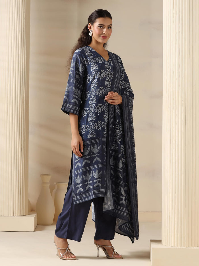 Women Chanderi Navy Blue Geometric Print Kurta Comfort Pant Dupatta.