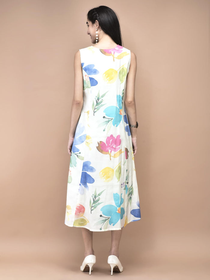 Women Chanderi Off White Floral Print Dress.