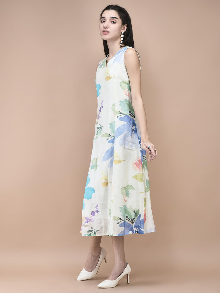 Women Chanderi Off White Floral Print Dress.