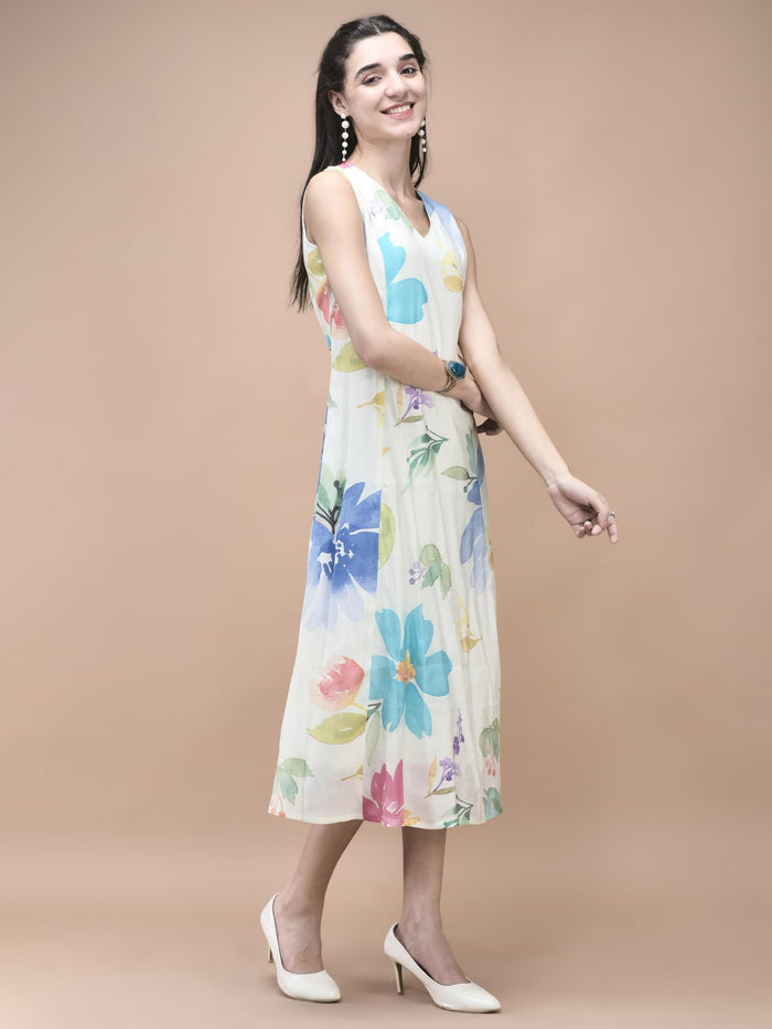 Women Chanderi Off White Floral Print Dress.