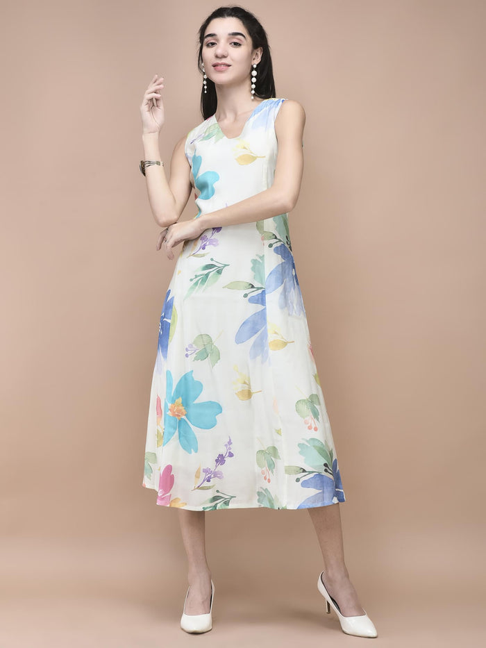 Women Chanderi Off White Floral Print Dress.